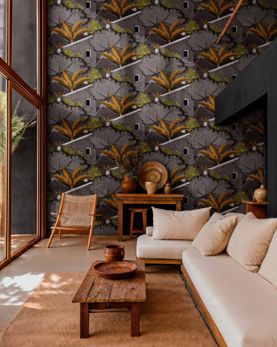 Tapet cu model geometric abstract de case si copaci stilizati pe fundal inchis