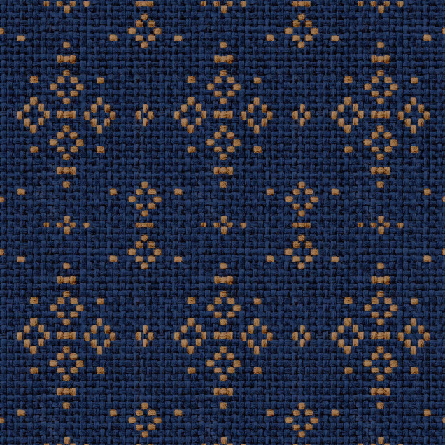 Tapet cu model etnic indigo si auriu, in design de bucatarie moderna.