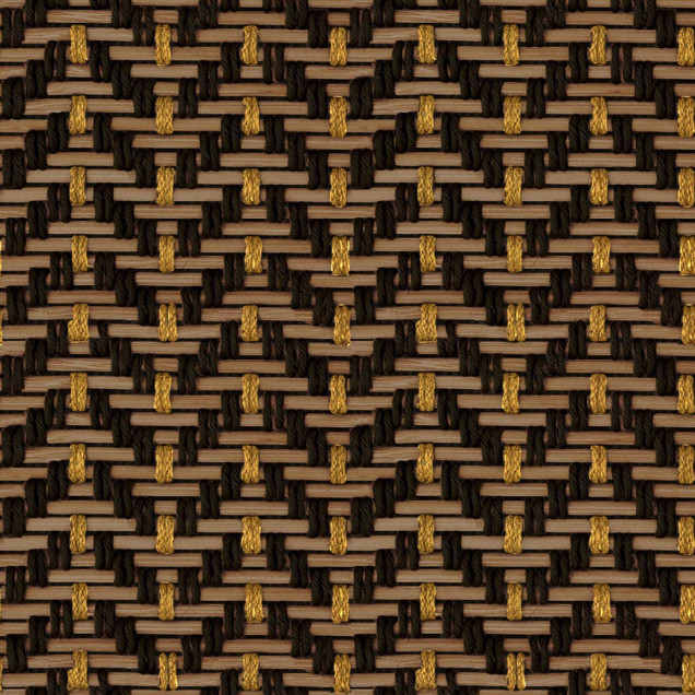 Tapet cu textură maro și negru, asemănător unei țesături, încadrat de tablouri și obiecte decorative.