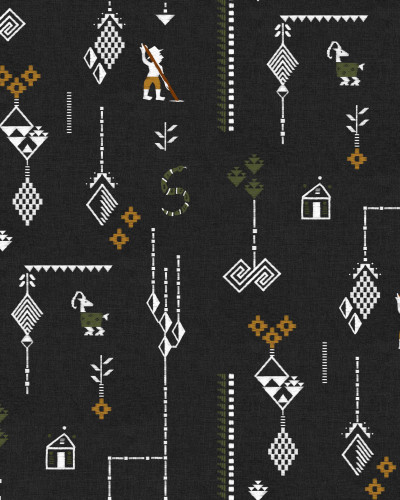 Tapet cu model etnic geometric și figuri umane stilizate pe un fundal negru, într-un spațiu de baie modern.