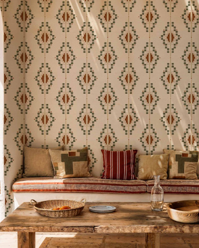 Tapet cu model geometric inspirat de motive andine și nuanțe de cactus