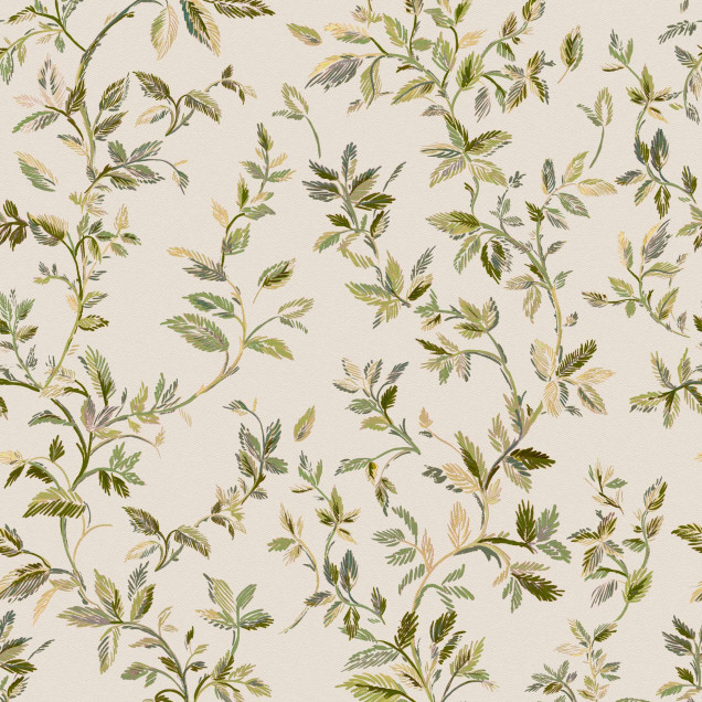 Tapet cu model floral cu frunze verzi, într-un decor rustic cu mobilier din ratan și draperii bej.