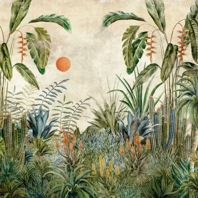 Tapet cu un peisaj luxuriant de junglă, plin de plante verzi, cactuși și flori, într-un living decorat cu mobilier modern.