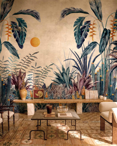 Fototapet cu frunze tropicale luxuriante în nuanțe de indigo și portocaliu, cu un design realist și culori vibrante.