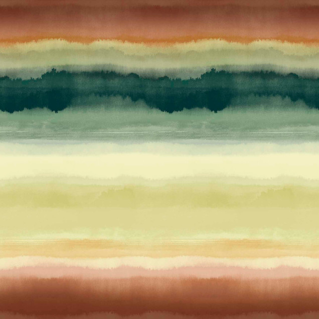 Fototapet cu gradient de culori naturale, teracotă, verde și galben, prezentat într-un dormitor cu pat și accesorii textile.
