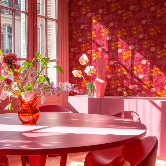 Tapet floral roz într-o cameră cu mobilier roz și lumină naturală.