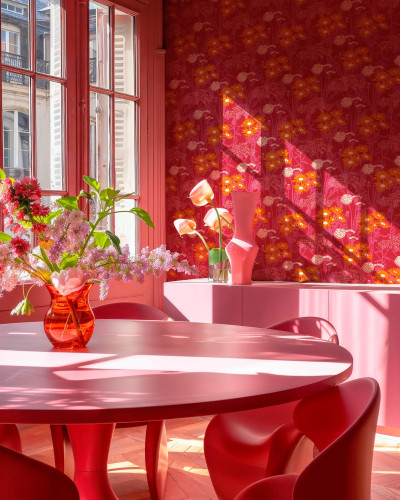 Tapet floral roz într-o cameră cu mobilier roz și lumină naturală.