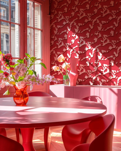 Tapet roz cu design indraznet intr-o sufragerie