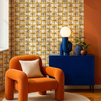 Tapet cu model modern scaune stilizate pe fond auriu