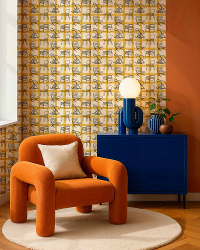 Tapet cu model modern scaune stilizate pe fond auriu