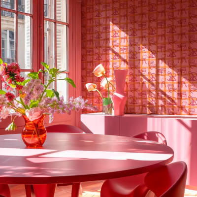 Tapet roz cu design grafic, într-o cameră cu mobilier asortat