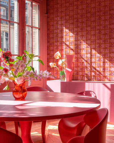 Tapet roz cu design grafic, într-o cameră cu mobilier asortat