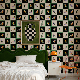 Tapet decorativ cu păsări stilizate și model geometric