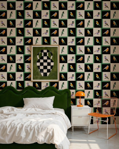 Tapet decorativ cu păsări stilizate și model geometric