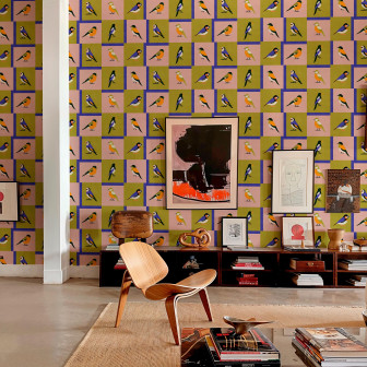Tapet cu păsări colorate pe un fundal geometric, Coordonne