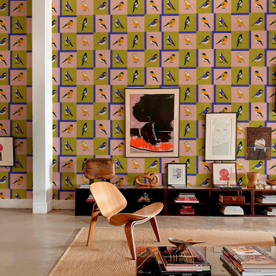Tapet cu păsări colorate pe un fundal geometric, Coordonne