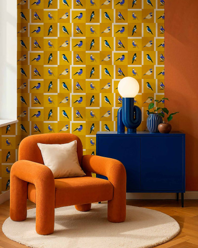Tapet cu design aviar auriu, ideal pentru decorarea interioară