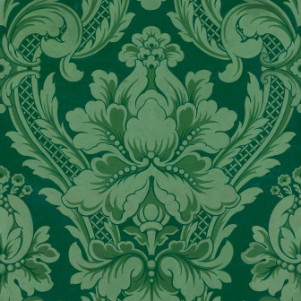 Tapet cu design damasc venețian, nuanță smarald, într-un interior clasic.