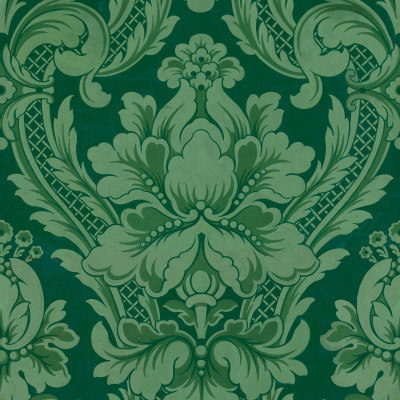 Tapet cu design damasc venețian, nuanță smarald, într-un interior clasic.