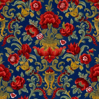 Tapet damasc cu flori roșii într-o baie vintage