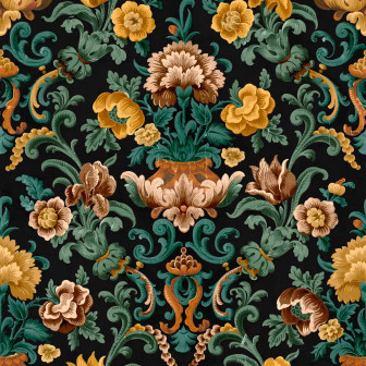 Tapet floral damasc pe fond negru într-o baie elegantă