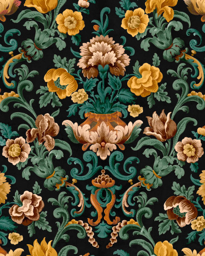Tapet floral damasc pe fond negru într-o baie elegantă