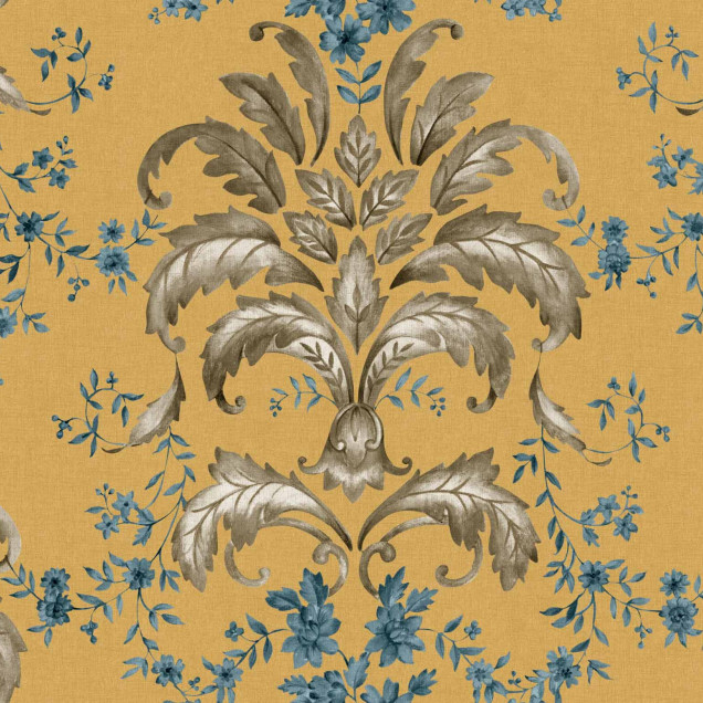 Tapet damasc muștar într-un interior elegant