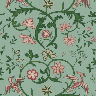 Tapet damasc verde salvie într-un interior elegant
