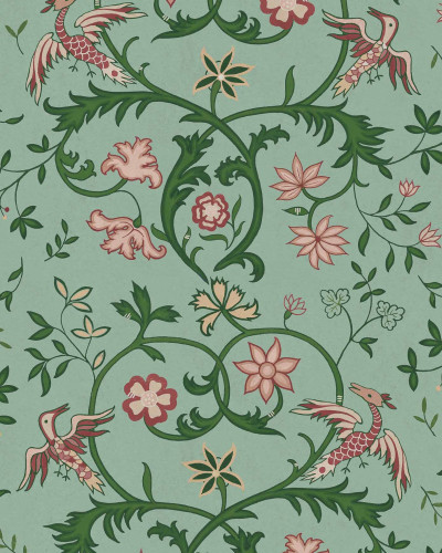 Tapet damasc verde salvie într-un interior elegant