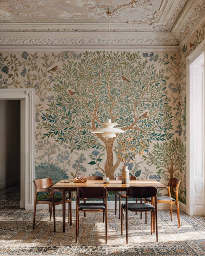 Tapet cu design arboreal într-o sufragerie elegantă