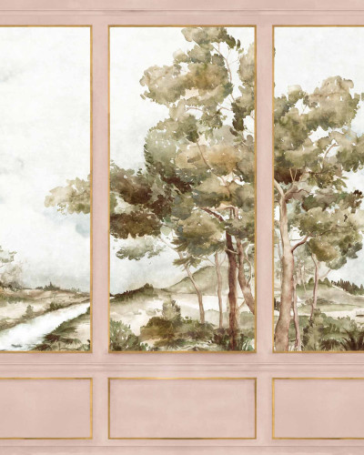 Tapet cu vedere spre Damaskus, nuanțe de piersică, design interior elegant