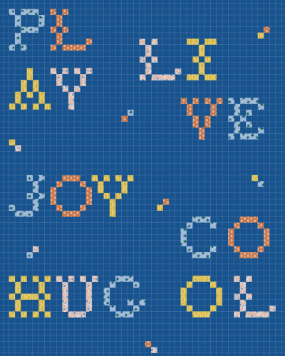 Tapet cu litere colorate in stil pixelat pe fundal albastru indigo intr-o camera de zi moderna.