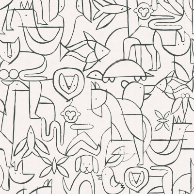 Tapet cu desene abstracte de animale in negru pe fundal alb in camera unui copil