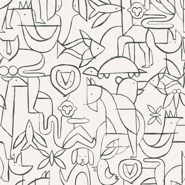 Tapet cu desene abstracte de animale in negru pe fundal alb in camera unui copil
