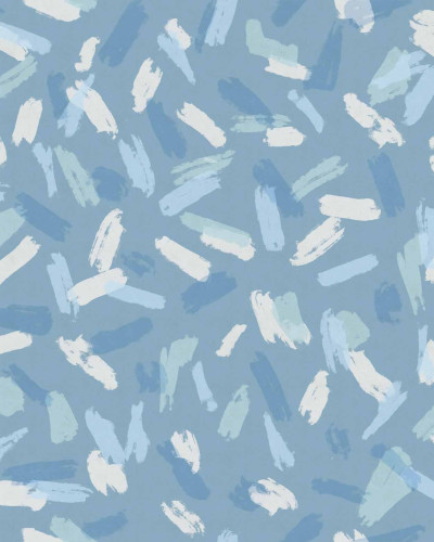 Tapet cu model abstract indigo și alb, aplicat pe peretele unei bucătării moderne.