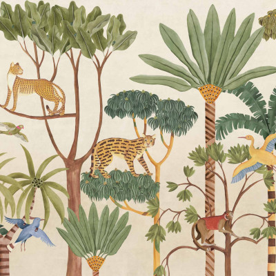 Fototapet cu peisaj de junglă, cu leoparzi, păsări și plante tropicale