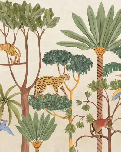 Fototapet cu peisaj de junglă, cu leoparzi, păsări și plante tropicale
