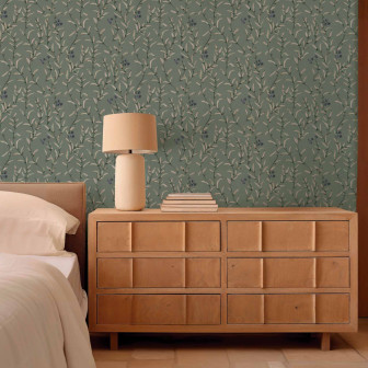 Tapet floral cu design delicat pe fond verde