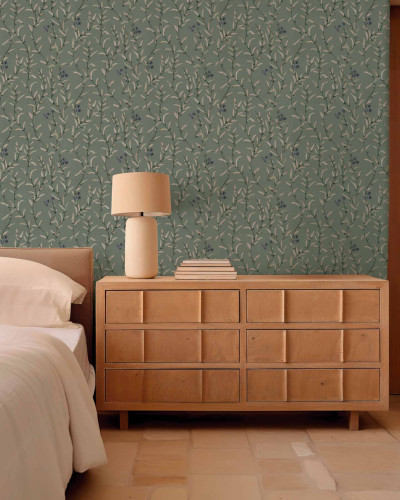 Tapet floral cu design delicat pe fond verde