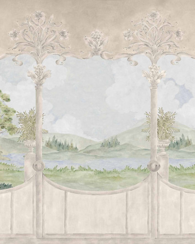 Tapet decorativ cu vedere spre un peisaj rustic, ideal pentru interioare elegante.