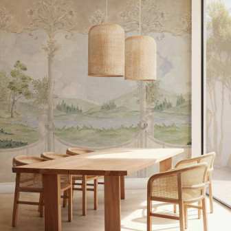 Tapet decorativ cu vedere spre un peisaj rustic, ideal pentru interioare elegante.