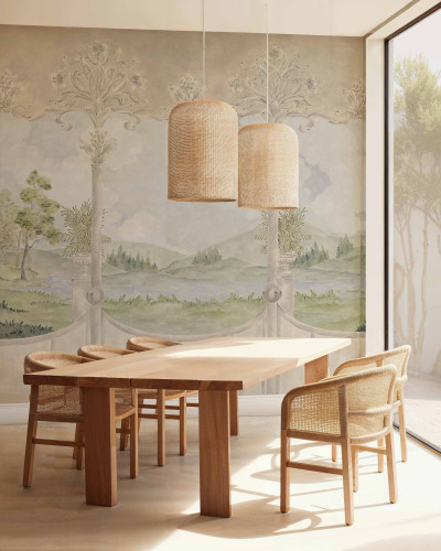 Tapet decorativ cu vedere spre un peisaj rustic, ideal pentru interioare elegante.