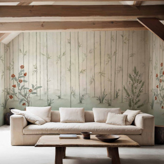Fototapet cu design floral și bambus într-un living elegant