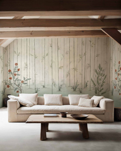 Fototapet cu design floral și bambus într-un living elegant