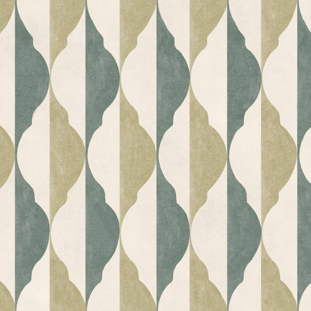 Tapet cu model geometric subtil in nuante de celadon si bej, aplicat pe peretele unui living modern