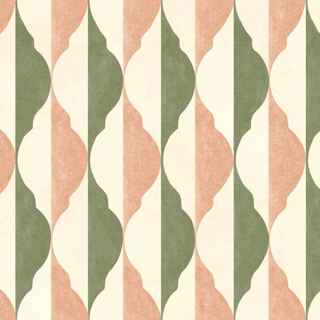 Tapet cu model geometric in culori de teracota si verde, amenajare living modern.