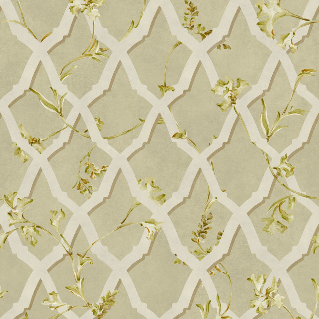Tapet cu model floral discret in tonuri de celadon pe peretele unei bai cu cada freestanding