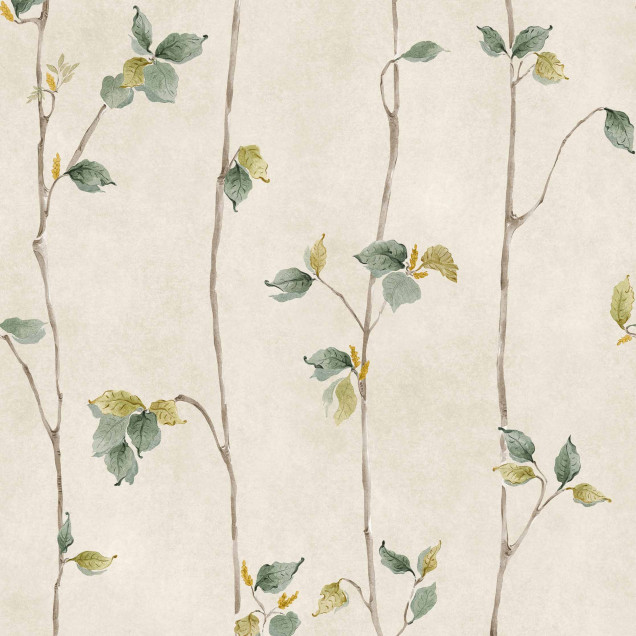 Tapet floral cu crenguțe și frunze delicate în nuanțe de celadon, aplicat pe un perete într-o sufragerie rustică.