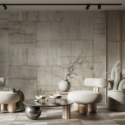 Tapet cu aspect de piatra, Furui Ishi Zoge (Old Stone Ivory), in nuante de gri si alb, cu un design minimalist si modern.