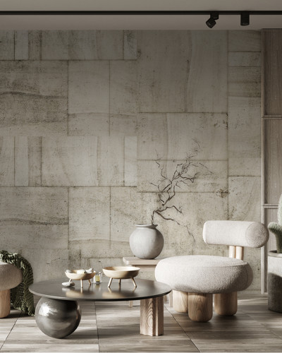 Tapet cu aspect de piatra, Furui Ishi Zoge (Old Stone Ivory), in nuante de gri si alb, cu un design minimalist si modern.